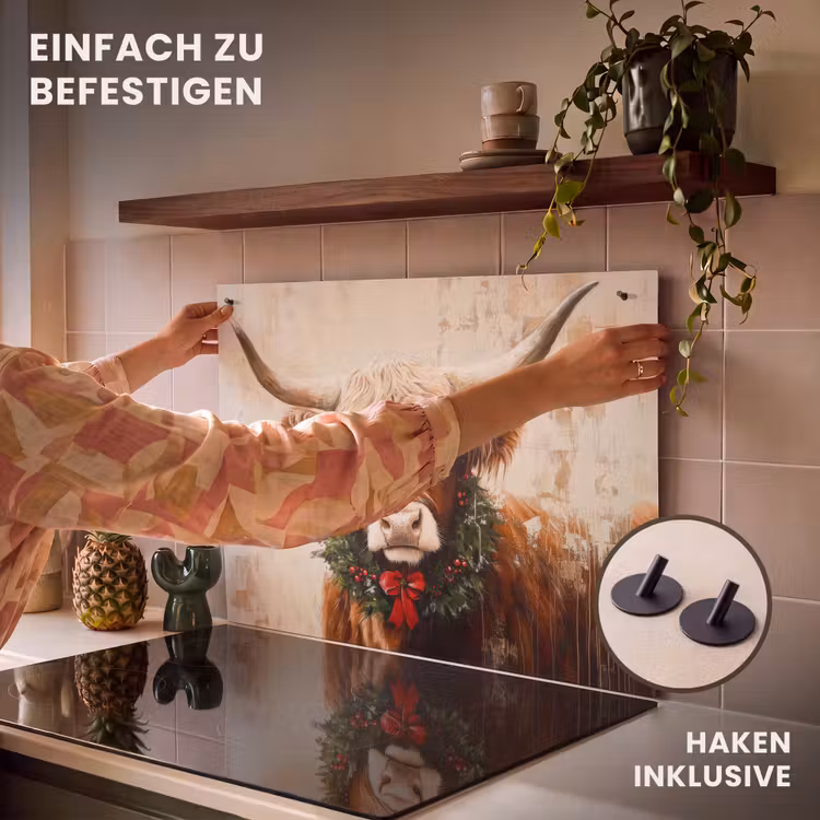 2-in-1 Herdabdeckplatte & Spritzschutz - Weihnachten - Schottischer Highlander - Braun - Kranz - Kerst - Schotse Hooglander - Bruin - Krans Inductie beschemer met haakjes klein