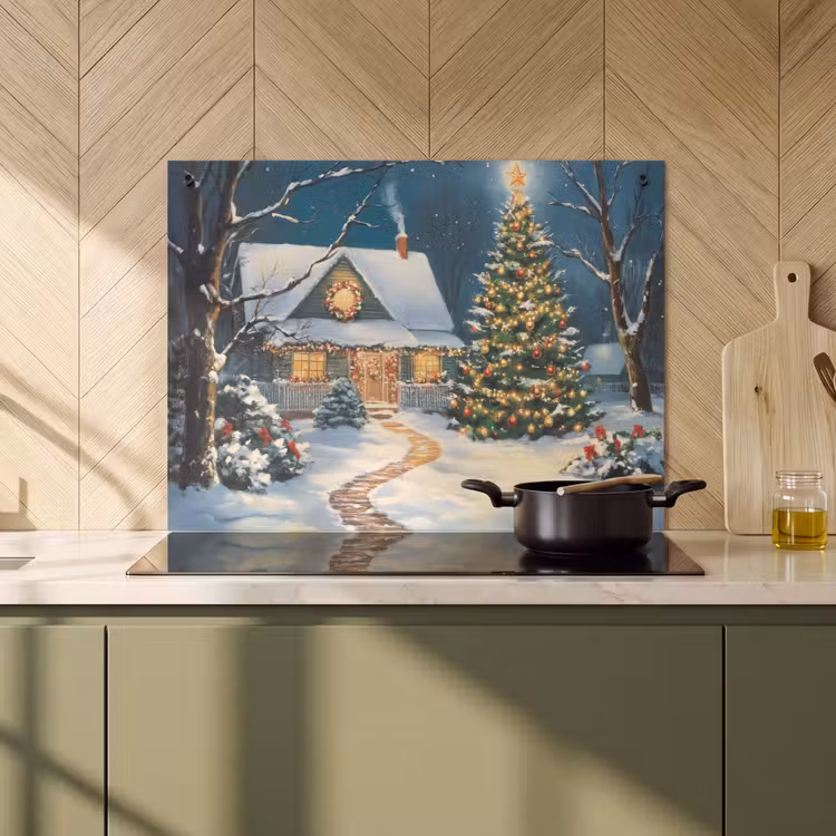 2-in-1 Herdabdeckplatte & Spritzschutz - Weihnachten - Weihnachtsbaum - Winter - Zuhause - Schnee - Kerst - Kerstboom - Winter - Huis - Sneeuw Inductie beschemer met haakjes klein