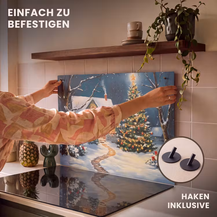 2-in-1 Herdabdeckplatte & Spritzschutz - Weihnachten - Weihnachtsbaum - Winter - Zuhause - Schnee - Kerst - Kerstboom - Winter - Huis - Sneeuw Inductie beschemer met haakjes klein
