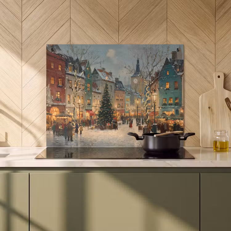 2-in-1 Herdabdeckplatte & Spritzschutz - Weihnachtliche Atmosphäre - City Square - Farbenfroh - Kerstsfeer - Stadsplein - Kleurrijk Inductie beschemer met haakjes klein