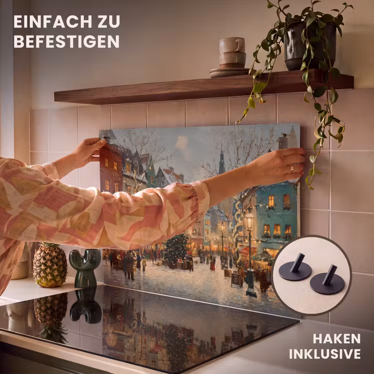 2-in-1 Herdabdeckplatte & Spritzschutz - Weihnachtliche Atmosphäre - City Square - Farbenfroh - Kerstsfeer - Stadsplein - Kleurrijk Inductie beschemer met haakjes klein