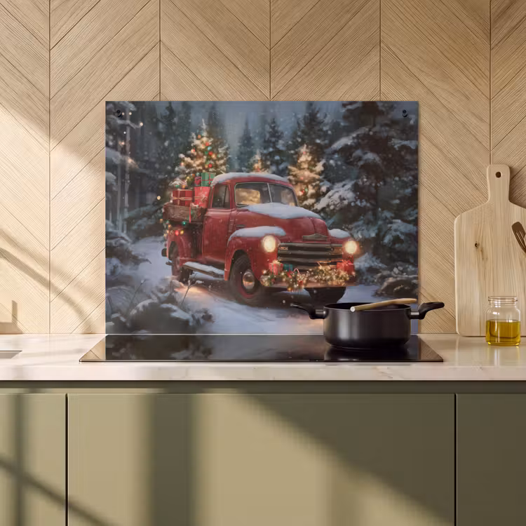 2-in-1 Herdabdeckplatte & Spritzschutz - Weihnachts-LKW - Schneewald - Rot - Kersttruck - Sneeuwbos - Rood Inductie beschemer met haakjes klein