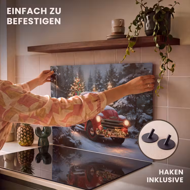 2-in-1 Herdabdeckplatte & Spritzschutz - Weihnachts-LKW - Schneewald - Rot - Kersttruck - Sneeuwbos - Rood Inductie beschemer met haakjes klein