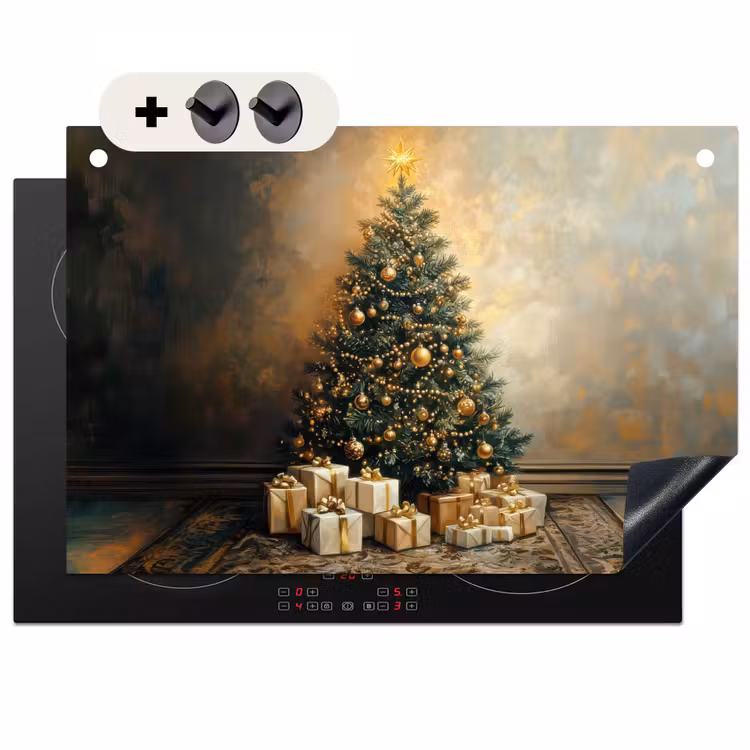 2-in-1 Herdabdeckplatte & Spritzschutz - Weihnachtsbaum - Geschenke - Gold - Kerstboom - Cadeaus - Goud Inductie beschemer met haakjes klein