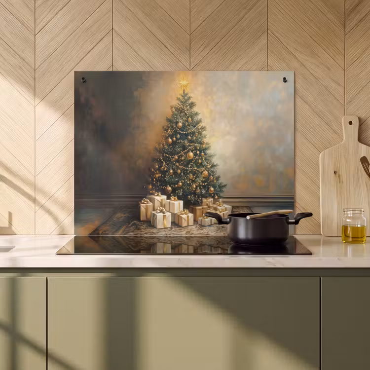 2-in-1 Herdabdeckplatte & Spritzschutz - Weihnachtsbaum - Geschenke - Gold - Kerstboom - Cadeaus - Goud Inductie beschemer met haakjes klein