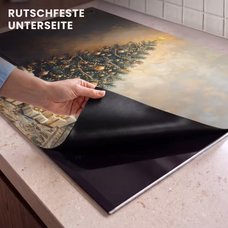 2-in-1 Herdabdeckplatte & Spritzschutz - Weihnachtsbaum - Geschenke - Gold - Kerstboom - Cadeaus - Goud Inductie beschemer met haakjes klein