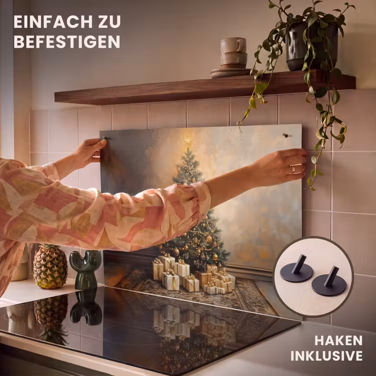 2-in-1 Herdabdeckplatte & Spritzschutz - Weihnachtsbaum - Geschenke - Gold - Kerstboom - Cadeaus - Goud Inductie beschemer met haakjes klein