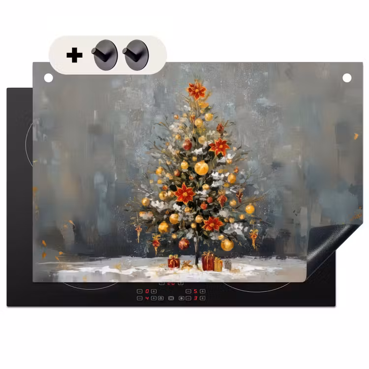 2-in-1 Herdabdeckplatte & Spritzschutz - Weihnachtsbaum - Geschenke - Rot - Gold - Kerstboom - Cadeaus - Rood - Goud Inductie beschemer met haakjes klein