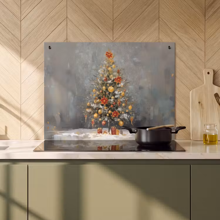 2-in-1 Herdabdeckplatte & Spritzschutz - Weihnachtsbaum - Geschenke - Rot - Gold - Kerstboom - Cadeaus - Rood - Goud Inductie beschemer met haakjes klein