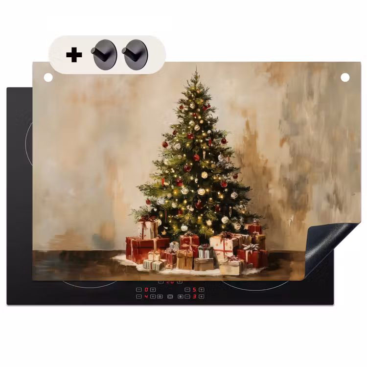 2-in-1 Herdabdeckplatte & Spritzschutz - Weihnachtsbaum - Geschmückt - Farbenfroh — 1