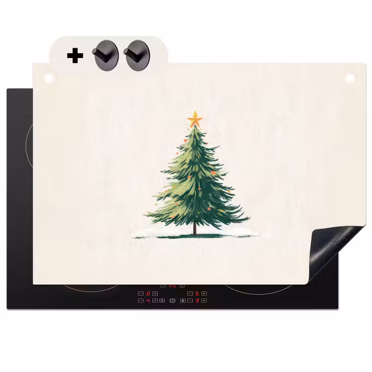 2-in-1 Herdabdeckplatte & Spritzschutz - Weihnachtsbaum - Illustration - Stern - Schnee - Kerstboom - Illustratie - Ster - Sneeuw Inductie beschemer met haakjes klein