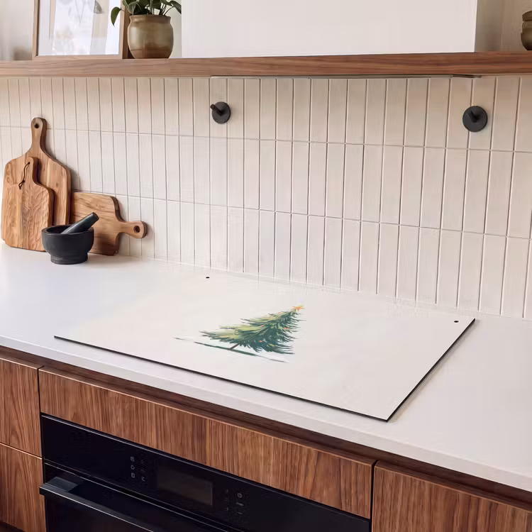 2-in-1 Herdabdeckplatte & Spritzschutz - Weihnachtsbaum - Illustration - Stern - Schnee - Kerstboom - Illustratie - Ster - Sneeuw Inductie beschemer met haakjes klein