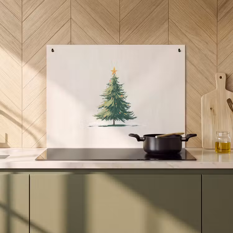 2-in-1 Herdabdeckplatte & Spritzschutz - Weihnachtsbaum - Illustration - Stern - Schnee - Kerstboom - Illustratie - Ster - Sneeuw Inductie beschemer met haakjes klein