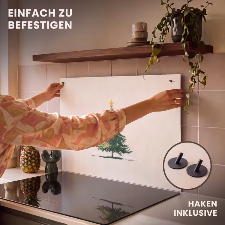 2-in-1 Herdabdeckplatte & Spritzschutz - Weihnachtsbaum - Illustration - Stern - Schnee - Kerstboom - Illustratie - Ster - Sneeuw Inductie beschemer met haakjes klein