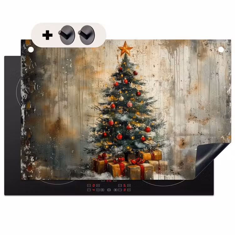 2-in-1 Herdabdeckplatte & Spritzschutz - Weihnachtsbaum - Vintage - Weihnachten - Geschenk - Kerstboom - Vintage - Kerst - Cadeau Inductie beschemer met haakjes klein