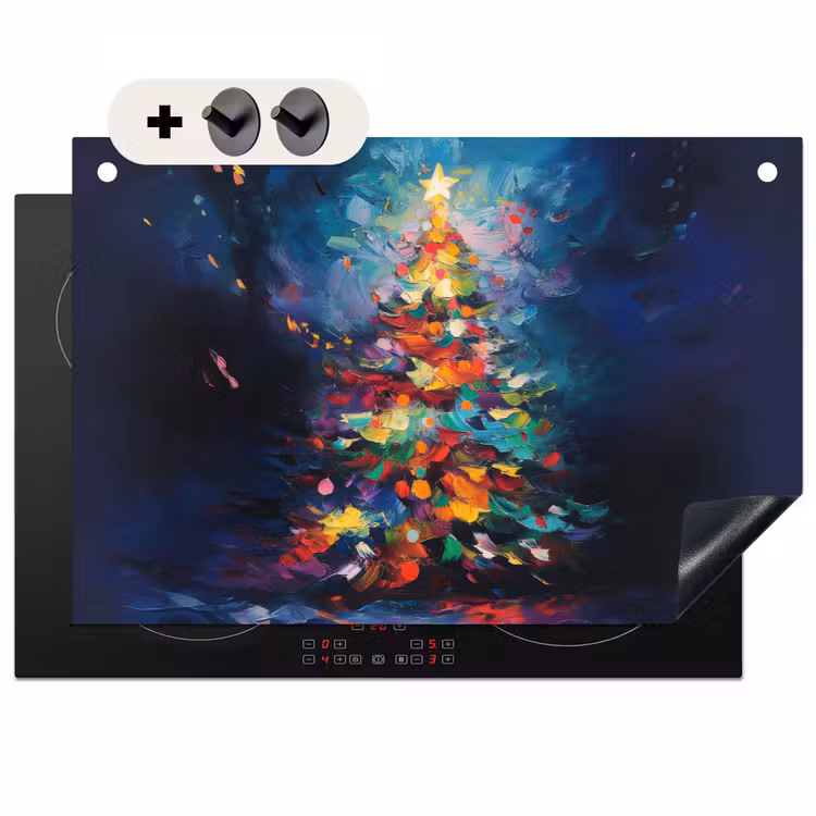 2-in-1 Herdabdeckplatte & Spritzschutz - Weihnachtsbaum - Weihnachten - Abstrakt - Farbenfroh - Kerstboom - Kerst - Abstract - Kleurrijk Inductie beschemer met haakjes klein