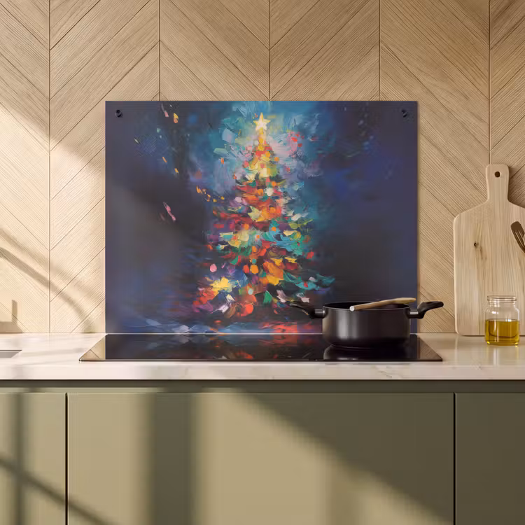 2-in-1 Herdabdeckplatte & Spritzschutz - Weihnachtsbaum - Weihnachten - Abstrakt - Farbenfroh - Kerstboom - Kerst - Abstract - Kleurrijk Inductie beschemer met haakjes klein