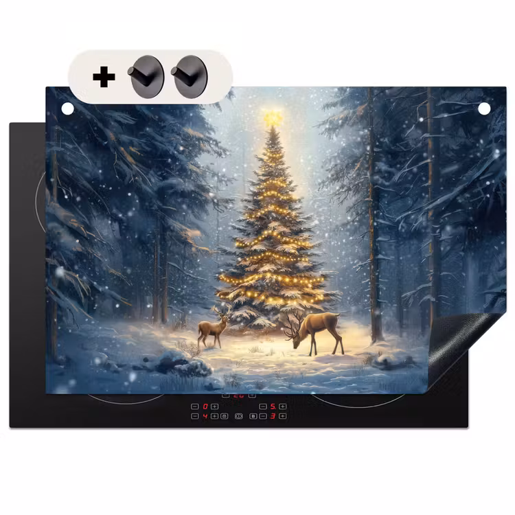 2-in-1 Herdabdeckplatte & Spritzschutz - Weihnachtsbeleuchtung - Wald - Hirsche - Dunkelheit - Kerstlicht - Woud - Hert - Donker Inductie beschemer met haakjes klein