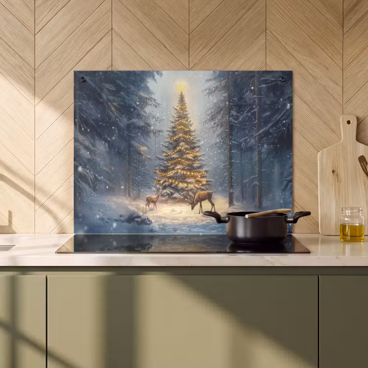 2-in-1 Herdabdeckplatte & Spritzschutz - Weihnachtsbeleuchtung - Wald - Hirsche - Dunkelheit - Kerstlicht - Woud - Hert - Donker Inductie beschemer met haakjes klein