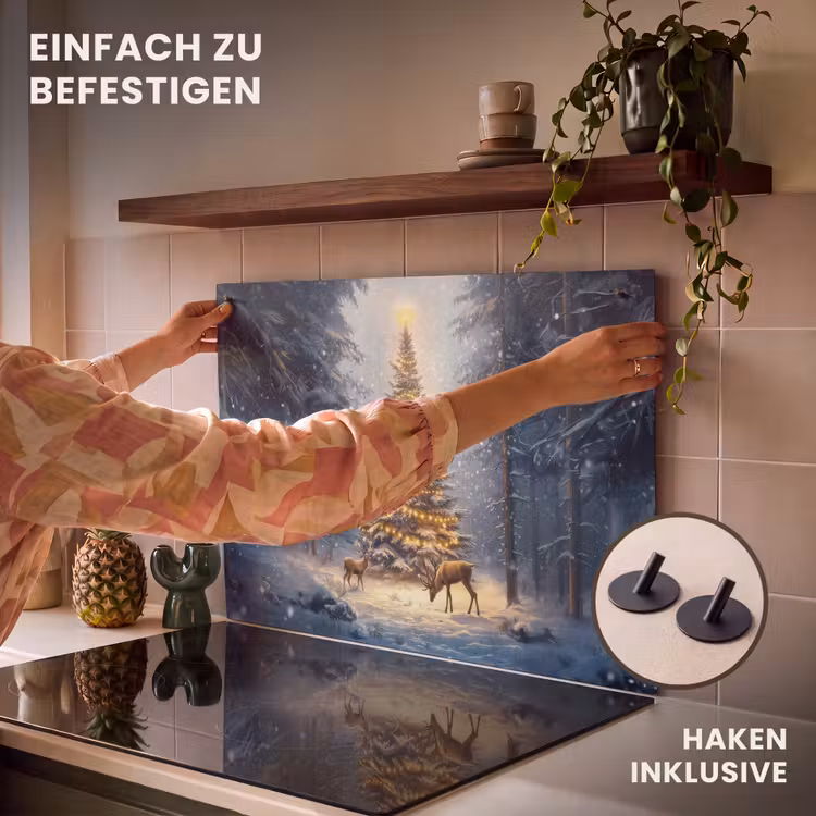 2-in-1 Herdabdeckplatte & Spritzschutz - Weihnachtsbeleuchtung - Wald - Hirsche - Dunkelheit - Kerstlicht - Woud - Hert - Donker Inductie beschemer met haakjes klein
