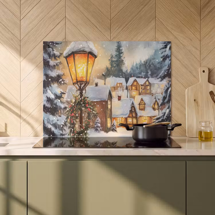 2-in-1 Herdabdeckplatte & Spritzschutz - Weihnachtsdorf - Häuser - Schnee - Weihnachten - Kerstdorp - Huizen - Sneeuw - Kerst Inductie beschemer met haakjes klein