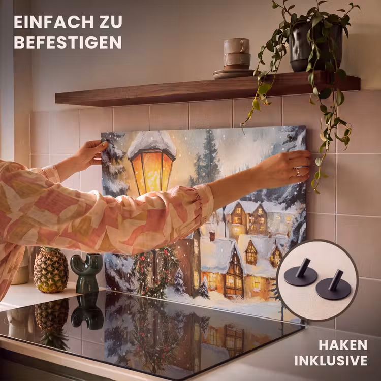 2-in-1 Herdabdeckplatte & Spritzschutz - Weihnachtsdorf - Häuser - Schnee - Weihnachten - Kerstdorp - Huizen - Sneeuw - Kerst Inductie beschemer met haakjes klein
