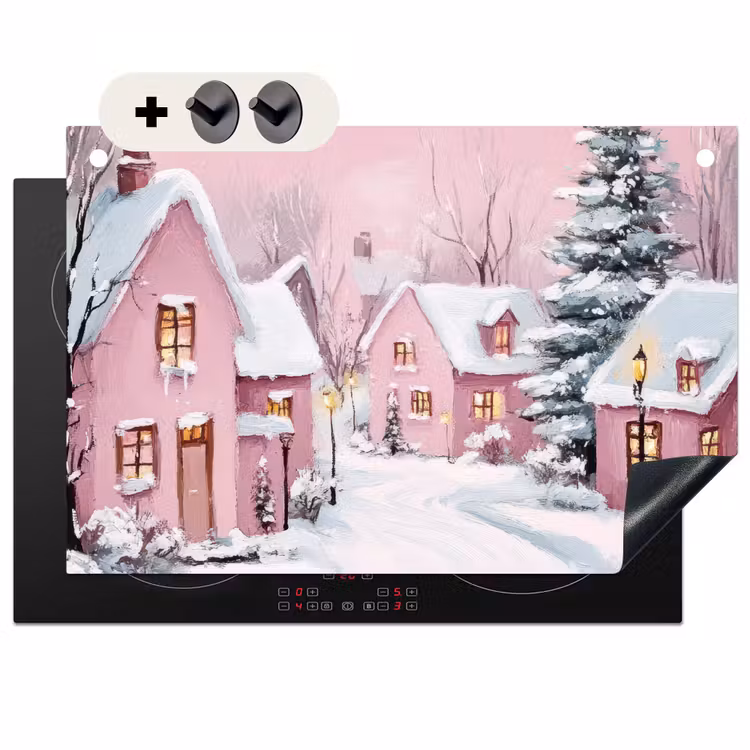 2-in-1 Herdabdeckplatte & Spritzschutz - Weihnachtsdorf - Rosa - Winter - Schnee - Häuser — 1