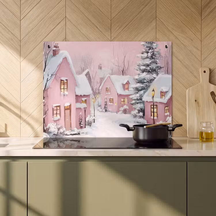 2-in-1 Herdabdeckplatte & Spritzschutz - Weihnachtsdorf - Rosa - Winter - Schnee - Häuser — 3