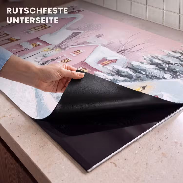 2-in-1 Herdabdeckplatte & Spritzschutz - Weihnachtsdorf - Rosa - Winter - Schnee - Häuser — 4