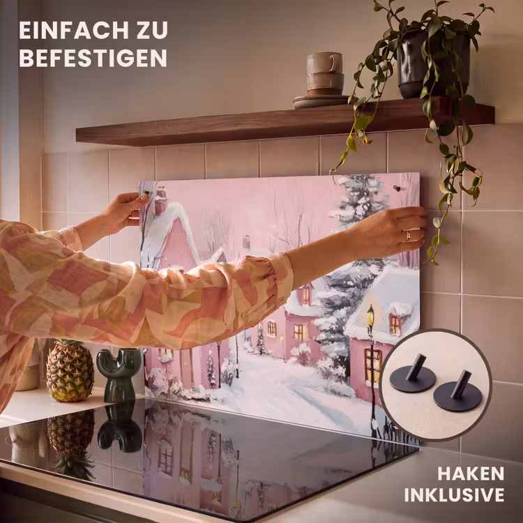 2-in-1 Herdabdeckplatte & Spritzschutz - Weihnachtsdorf - Rosa - Winter - Schnee - Häuser — 7