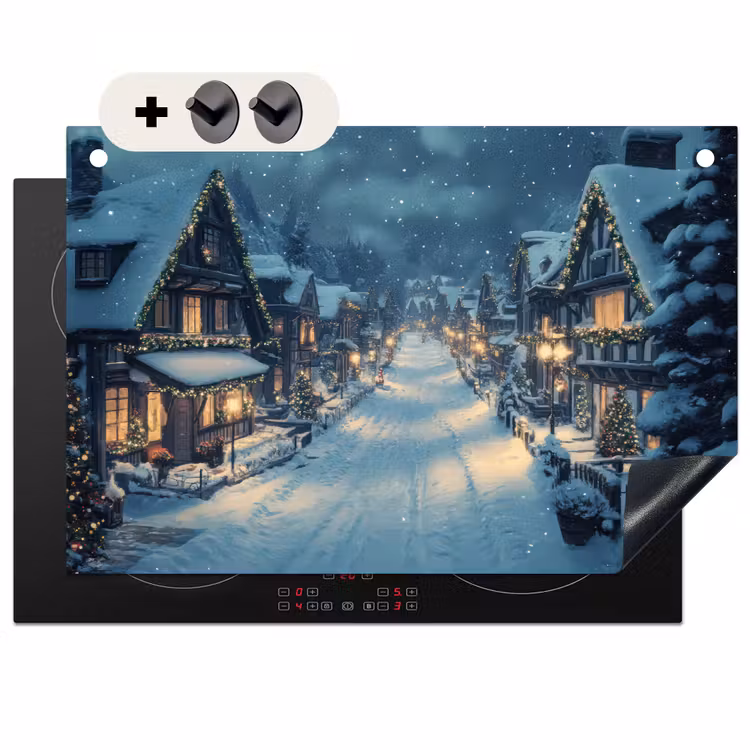 2-in-1 Herdabdeckplatte & Spritzschutz - Weihnachtsdorf - Weihnachten - Schnee - Winter - Kerstdorp - Kerst - Sneeuw - Winter Inductie beschemer met haakjes klein