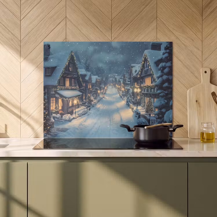 2-in-1 Herdabdeckplatte & Spritzschutz - Weihnachtsdorf - Weihnachten - Schnee - Winter - Kerstdorp - Kerst - Sneeuw - Winter Inductie beschemer met haakjes klein