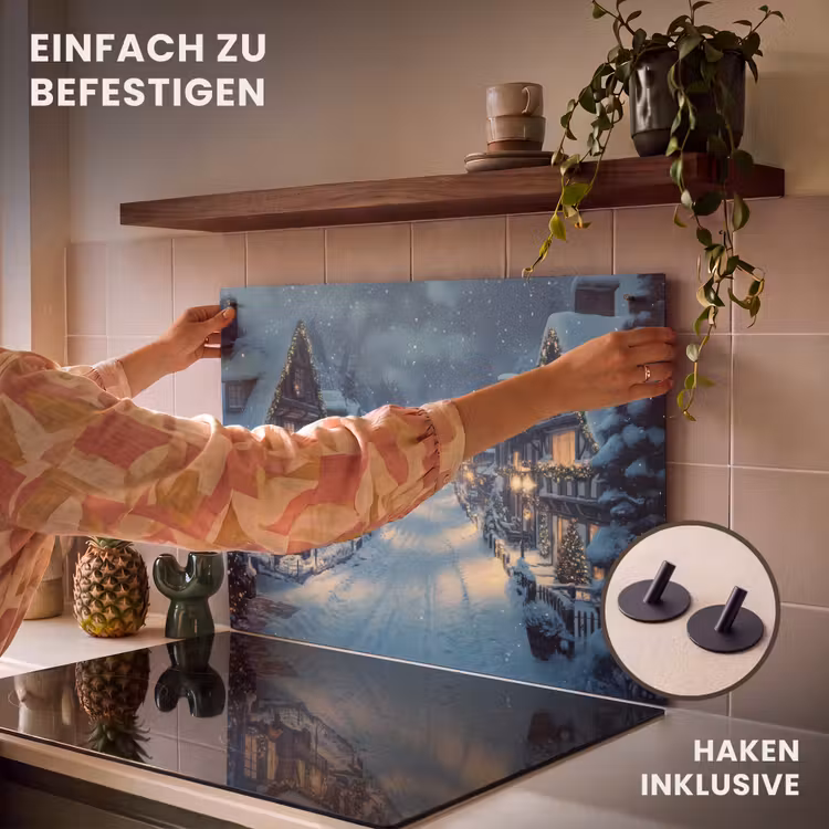 2-in-1 Herdabdeckplatte & Spritzschutz - Weihnachtsdorf - Weihnachten - Schnee - Winter - Kerstdorp - Kerst - Sneeuw - Winter Inductie beschemer met haakjes klein