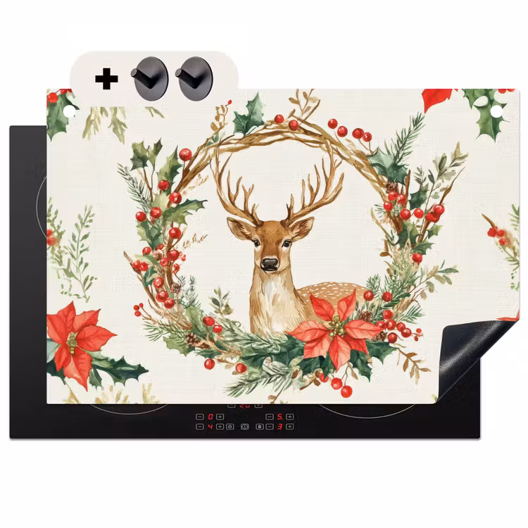 2-in-1 Herdabdeckplatte & Spritzschutz - Weihnachtskranz - Hirsch - Stechpalme - Rot - Kerstkrans - Hert - Hulst - Rood Inductie beschemer met haakjes klein