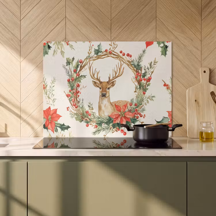 2-in-1 Herdabdeckplatte & Spritzschutz - Weihnachtskranz - Hirsch - Stechpalme - Rot - Kerstkrans - Hert - Hulst - Rood Inductie beschemer met haakjes klein