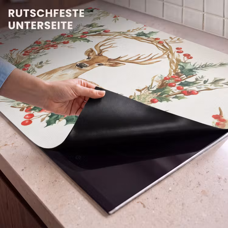 2-in-1 Herdabdeckplatte & Spritzschutz - Weihnachtskranz - Hirsch - Stechpalme - Rot - Kerstkrans - Hert - Hulst - Rood Inductie beschemer met haakjes klein