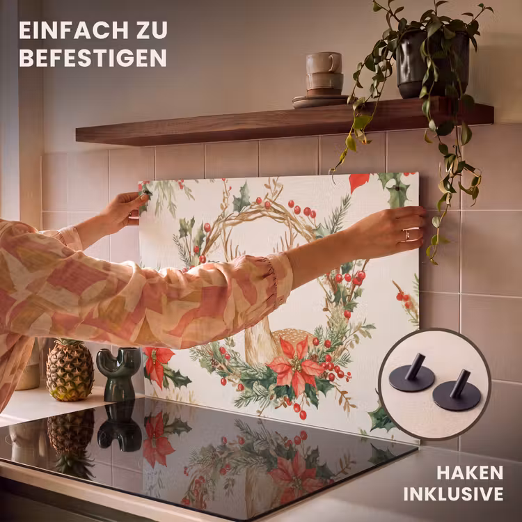 2-in-1 Herdabdeckplatte & Spritzschutz - Weihnachtskranz - Hirsch - Stechpalme - Rot - Kerstkrans - Hert - Hulst - Rood Inductie beschemer met haakjes klein
