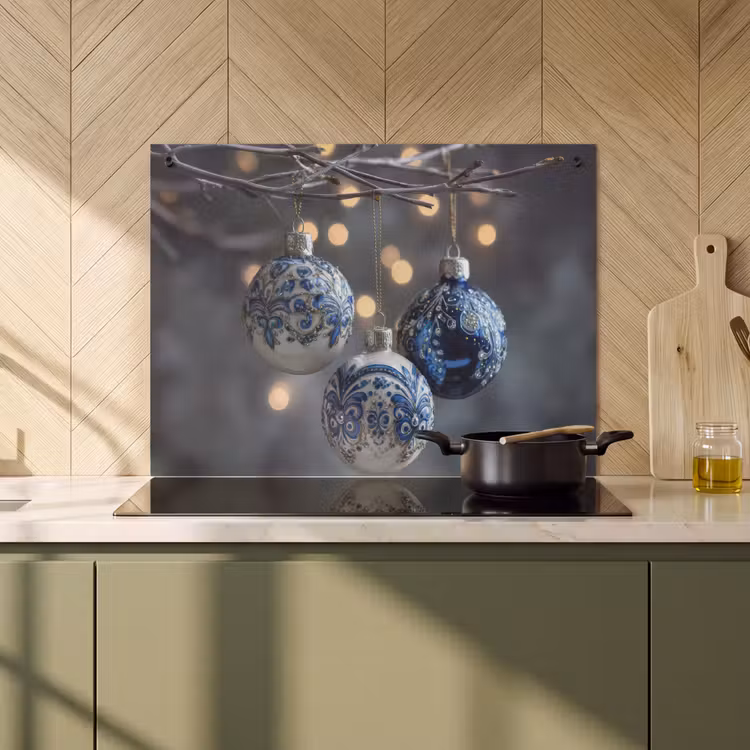 2-in-1 Herdabdeckplatte & Spritzschutz - Weihnachtskugel - Dekoriert - Blau - Kerstbal - Versierd - Blauw Inductie beschemer met haakjes klein