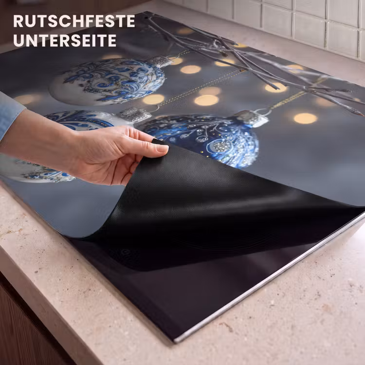 2-in-1 Herdabdeckplatte & Spritzschutz - Weihnachtskugel - Dekoriert - Blau - Kerstbal - Versierd - Blauw Inductie beschemer met haakjes klein