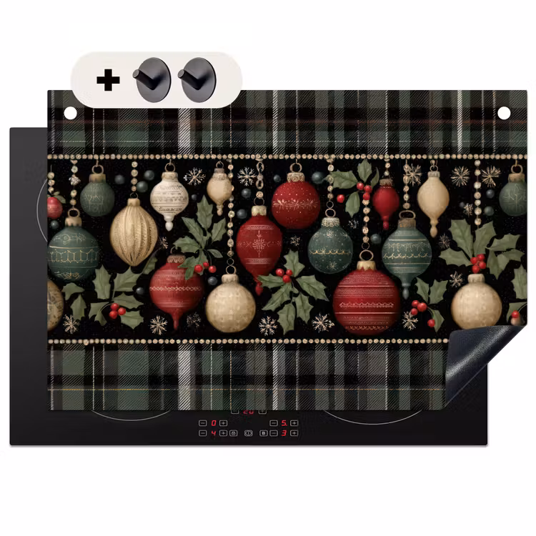 2-in-1 Herdabdeckplatte & Spritzschutz - Weihnachtskugeln - Rot - Stechpalmenzweige - Muster - Kerstballen - Rood - Hulsttakken - Patroon Inductie beschemer met haakjes klein