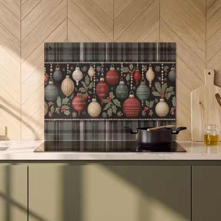 2-in-1 Herdabdeckplatte & Spritzschutz - Weihnachtskugeln - Rot - Stechpalmenzweige - Muster - Kerstballen - Rood - Hulsttakken - Patroon Inductie beschemer met haakjes klein