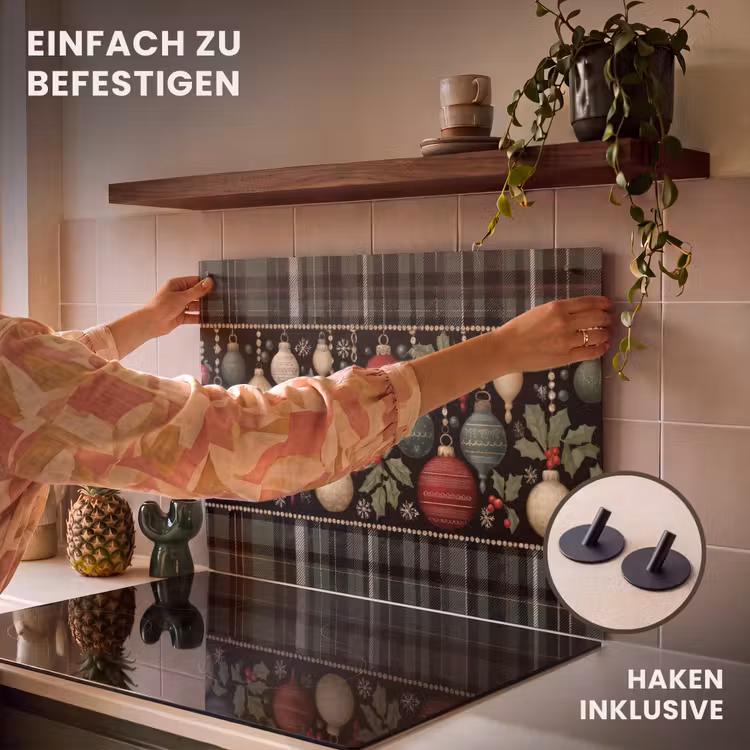 2-in-1 Herdabdeckplatte & Spritzschutz - Weihnachtskugeln - Rot - Stechpalmenzweige - Muster - Kerstballen - Rood - Hulsttakken - Patroon Inductie beschemer met haakjes klein
