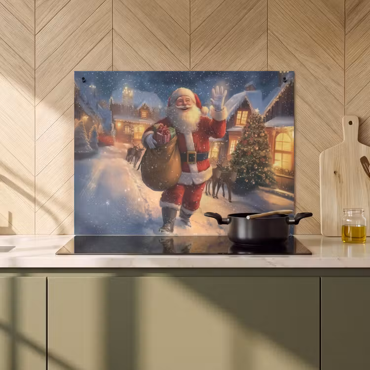 2-in-1 Herdabdeckplatte & Spritzschutz - Weihnachtsmann - Dorf - Hirsche - Dunkelheit - Kerstman - Dorp - Hert - Donker Inductie beschemer met haakjes klein