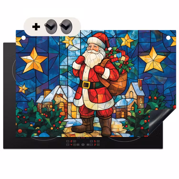 2-in-1 Herdabdeckplatte & Spritzschutz - Weihnachtsmann - Glas - Farbenfroh - Kerstman - Glas - Kleurrijk Inductie beschemer met haakjes klein