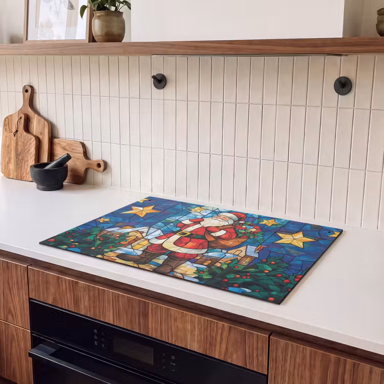 2-in-1 Herdabdeckplatte & Spritzschutz - Weihnachtsmann - Glas - Farbenfroh - Kerstman - Glas - Kleurrijk Inductie beschemer met haakjes klein