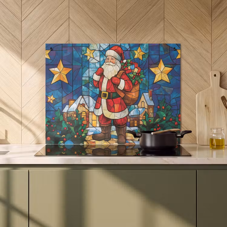 2-in-1 Herdabdeckplatte & Spritzschutz - Weihnachtsmann - Glas - Farbenfroh - Kerstman - Glas - Kleurrijk Inductie beschemer met haakjes klein