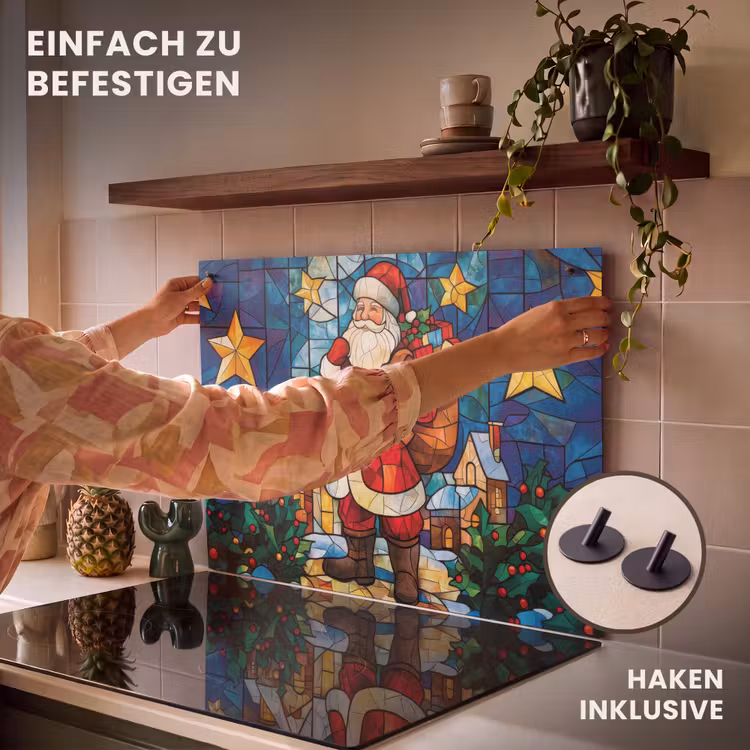 2-in-1 Herdabdeckplatte & Spritzschutz - Weihnachtsmann - Glas - Farbenfroh - Kerstman - Glas - Kleurrijk Inductie beschemer met haakjes klein