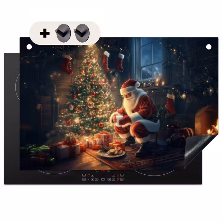 2-in-1 Herdabdeckplatte & Spritzschutz - Weihnachtsmann - Kamin - Dunkel - Kerstman - Haard - Donker Inductie beschemer met haakjes klein