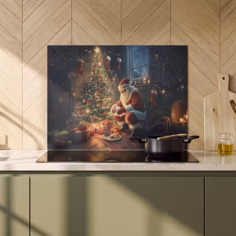 2-in-1 Herdabdeckplatte & Spritzschutz - Weihnachtsmann - Kamin - Dunkel - Kerstman - Haard - Donker Inductie beschemer met haakjes klein