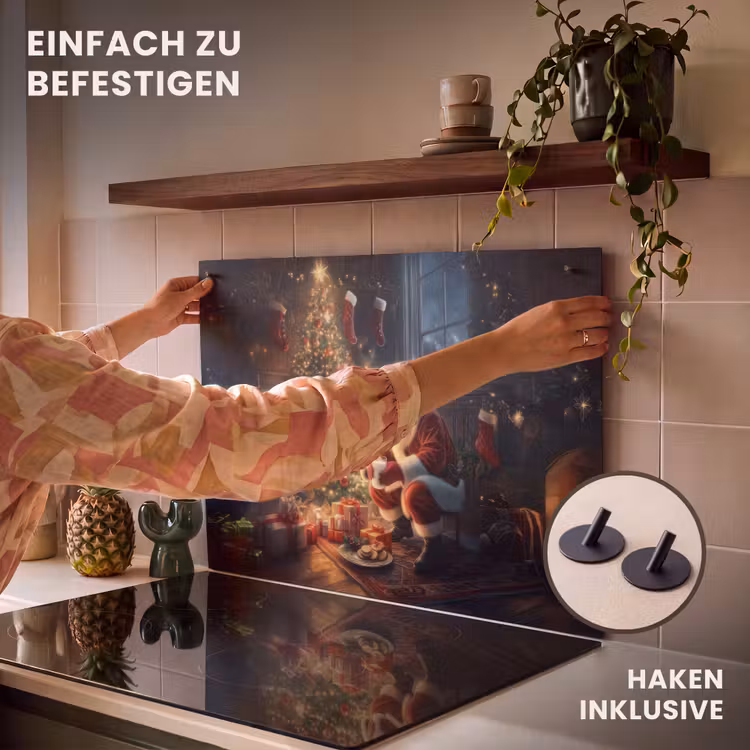 2-in-1 Herdabdeckplatte & Spritzschutz - Weihnachtsmann - Kamin - Dunkel - Kerstman - Haard - Donker Inductie beschemer met haakjes klein
